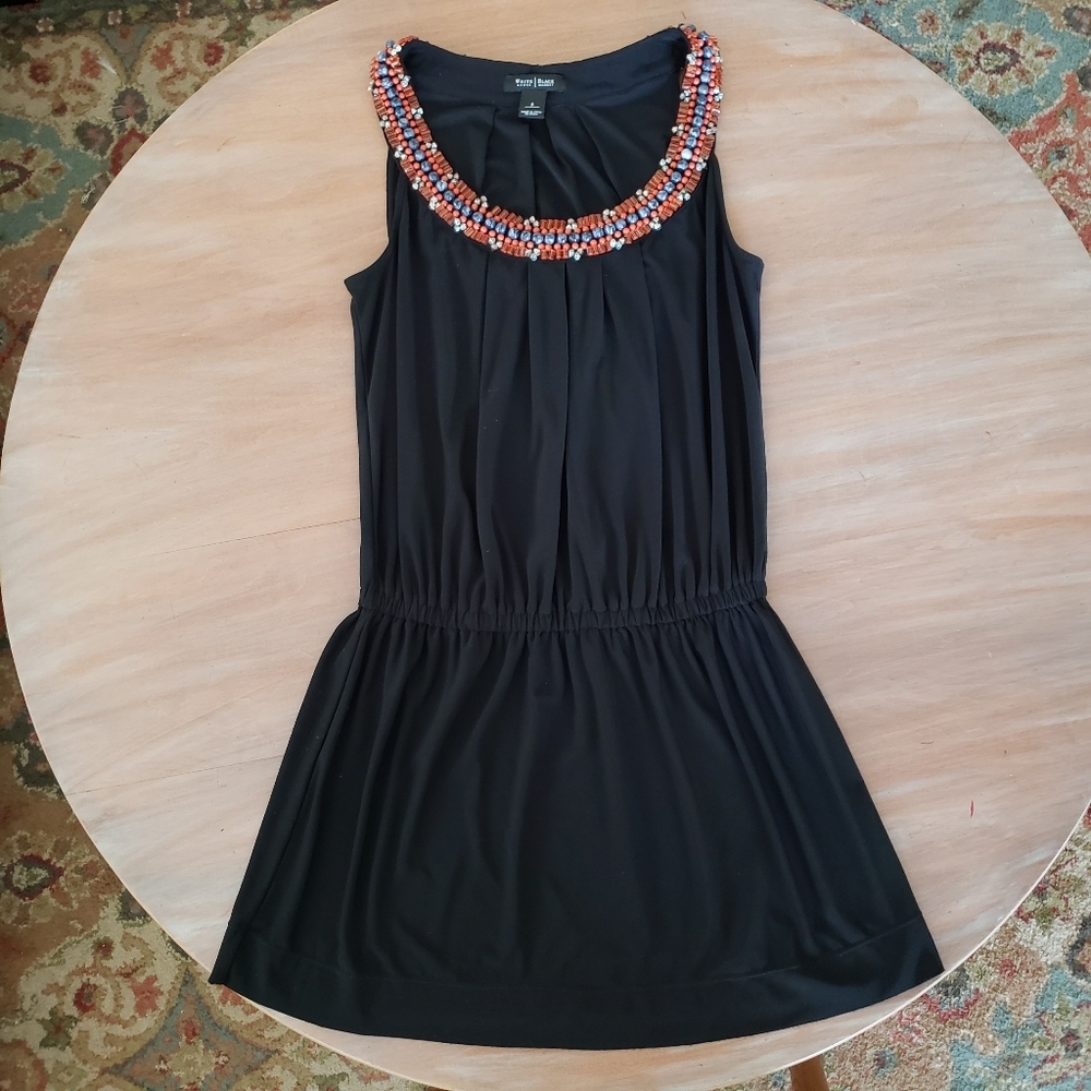 WHBM Mini SEQUINS BLACK Dress Small Beaded Necklacing Pleated Elastic Waistband